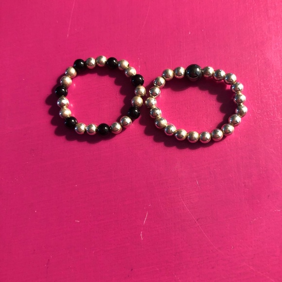 NWOT-Sterl. Silver/Black Onyx 2 Stretch Bead Rings - Picture 3 of 5